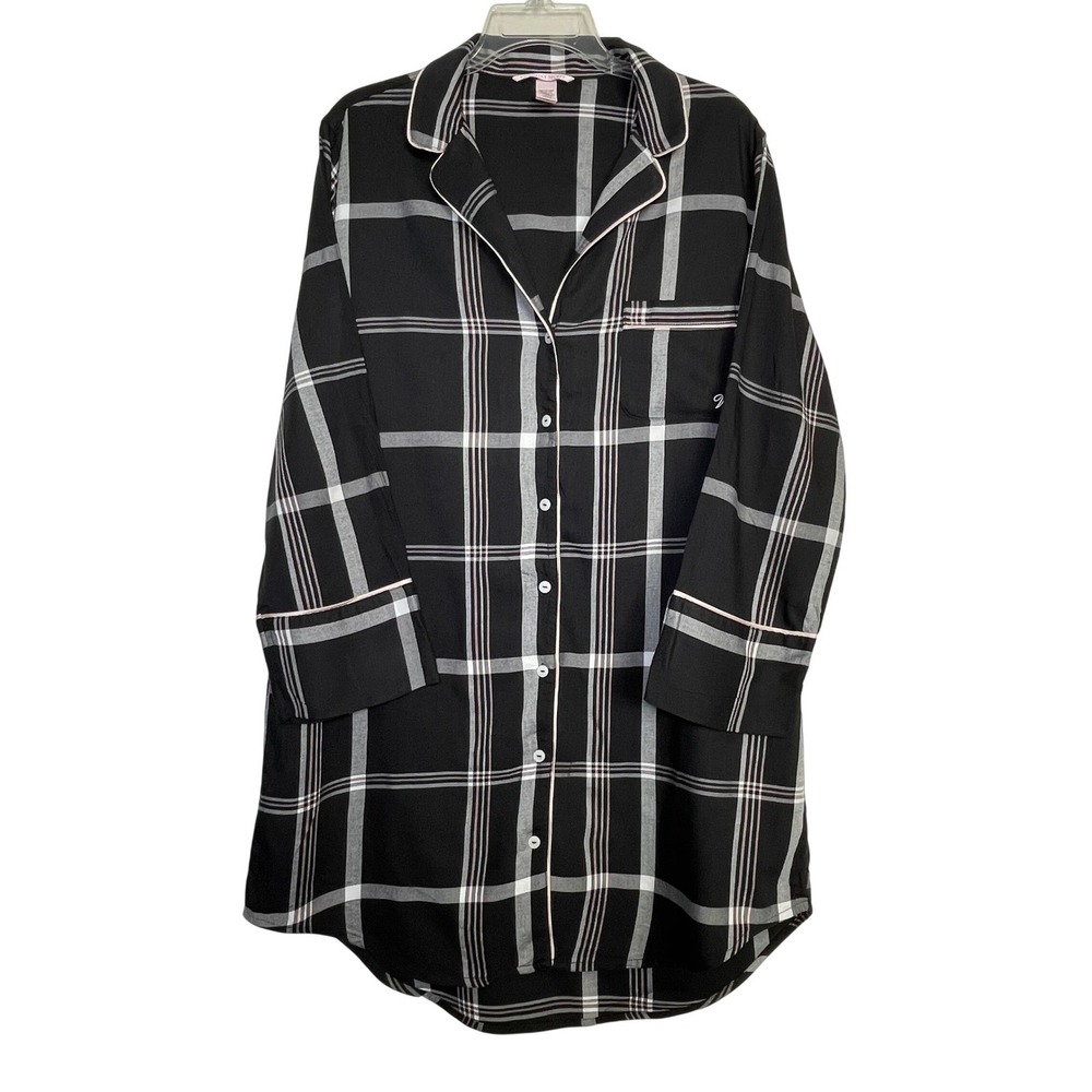 Victoria's Secret Sleep Shirt Women Medium Black Plaid‎ Button Front Nightgown